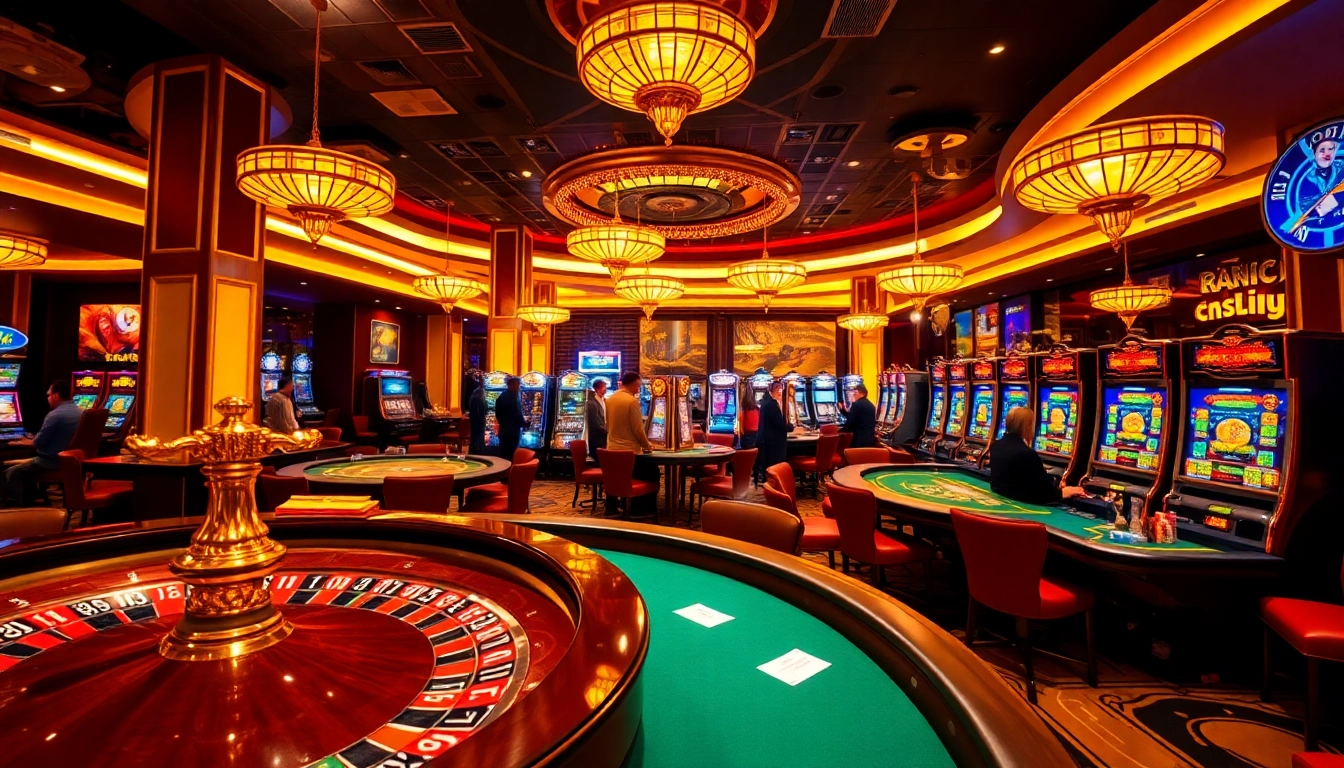 Exciting casino en ligne fiable scene showcasing vibrant poker tables, roulette wheels, and engaged players.