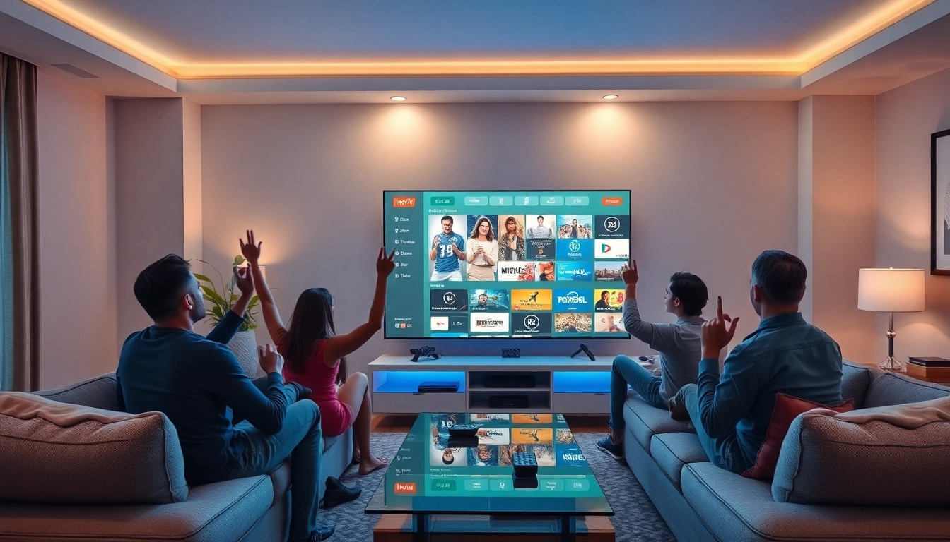 Iron TV Pro displayed on a sleek flat-screen TV in a modern living room, showing diverse content and happy viewers.