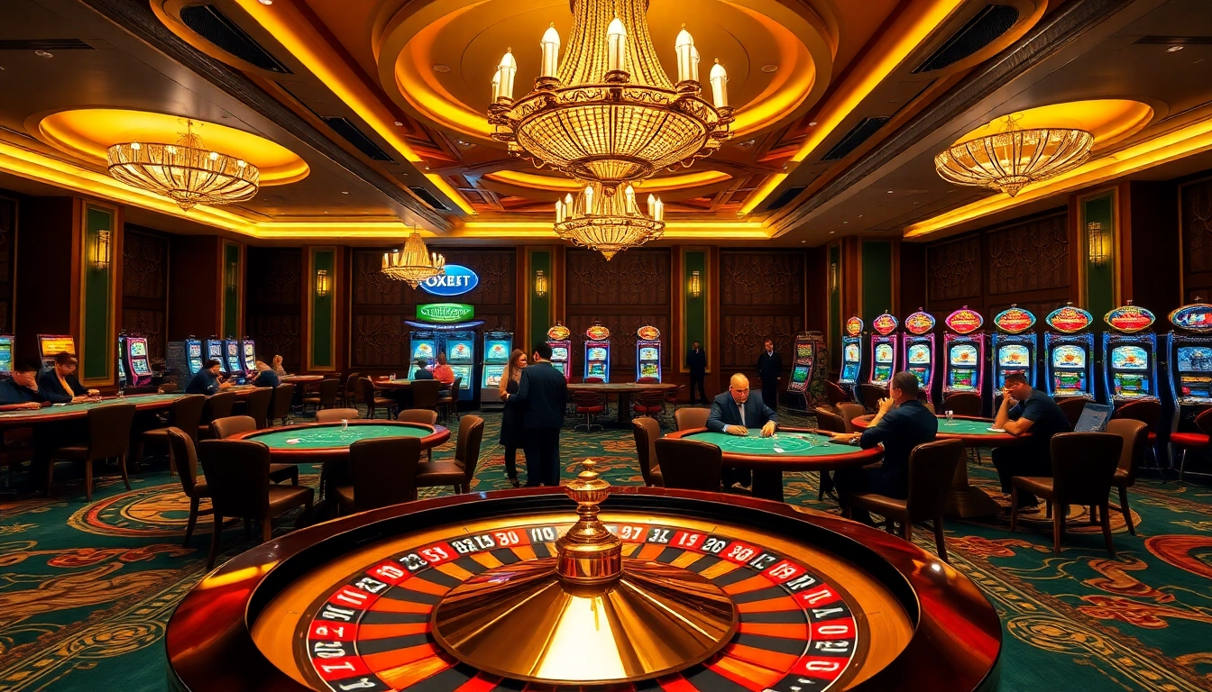 OXBET gaming table scene showcasing excitement in a luxurious casino atmosphere.