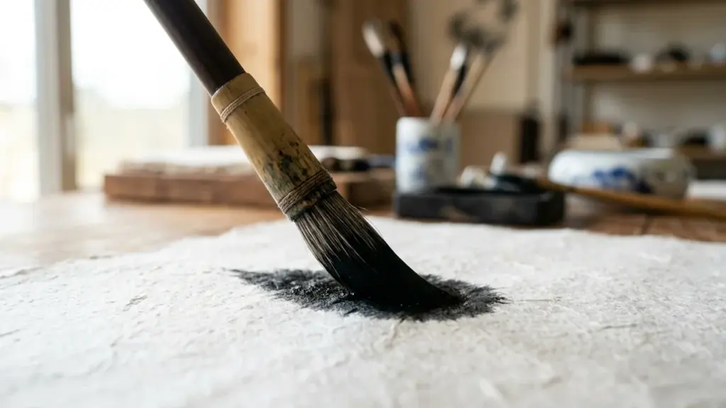 Un pinceau de calligraphie noire touche une feuille de papier texturé avec de l'encre.