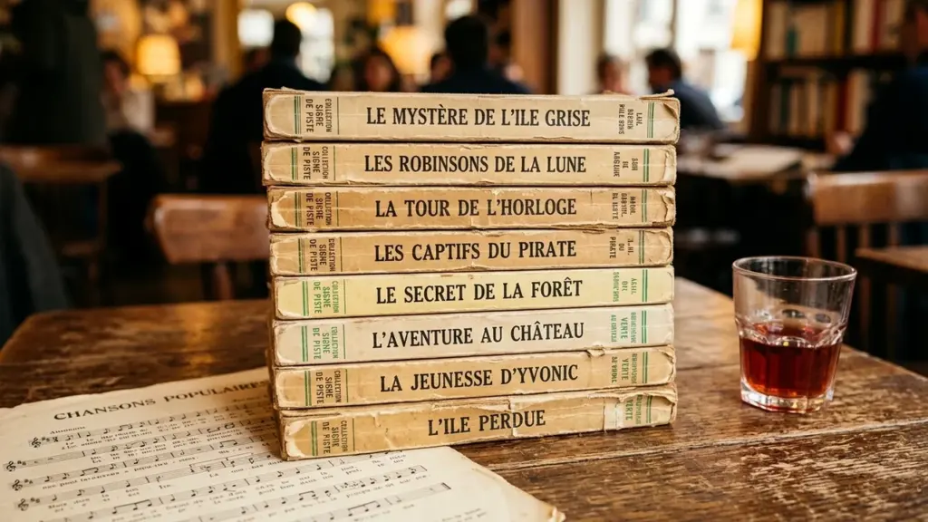 Une pile de vieux livres à couverture beige posés sur une table en bois.
