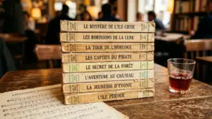 Une pile de vieux livres à couverture beige posés sur une table en bois.