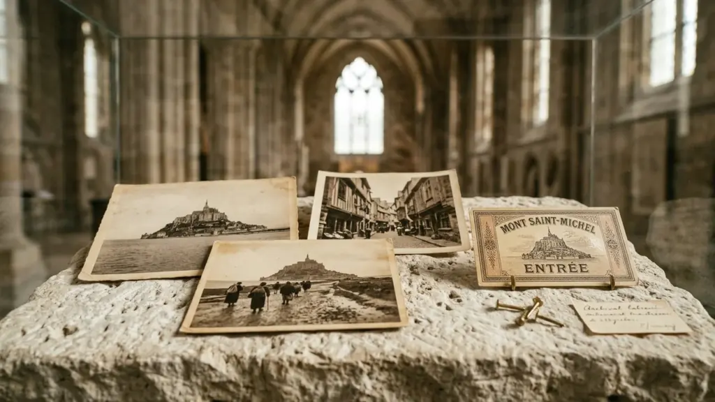 Trois photographies anciennes et une carte du Mont-Saint-Michel exposées sur un socle en pierre.