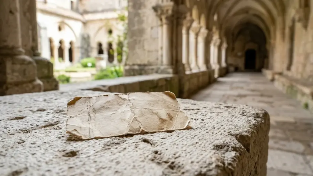 Un morceau de vieux papier froissé posé sur un bloc de pierre ancien.