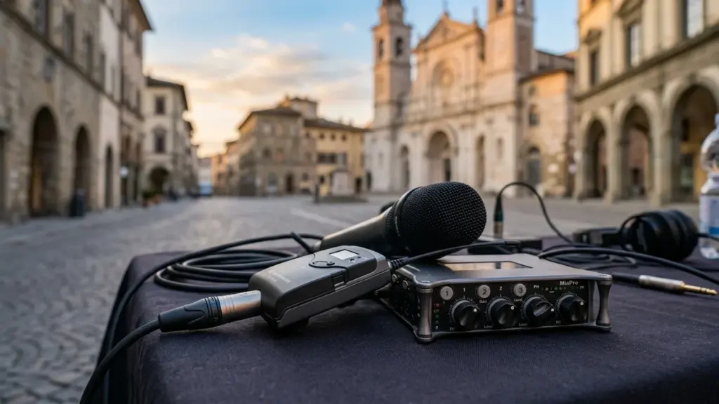 Microphone et équipement d'enregistrement audio posés sur une table dans une place italienne ancienne.