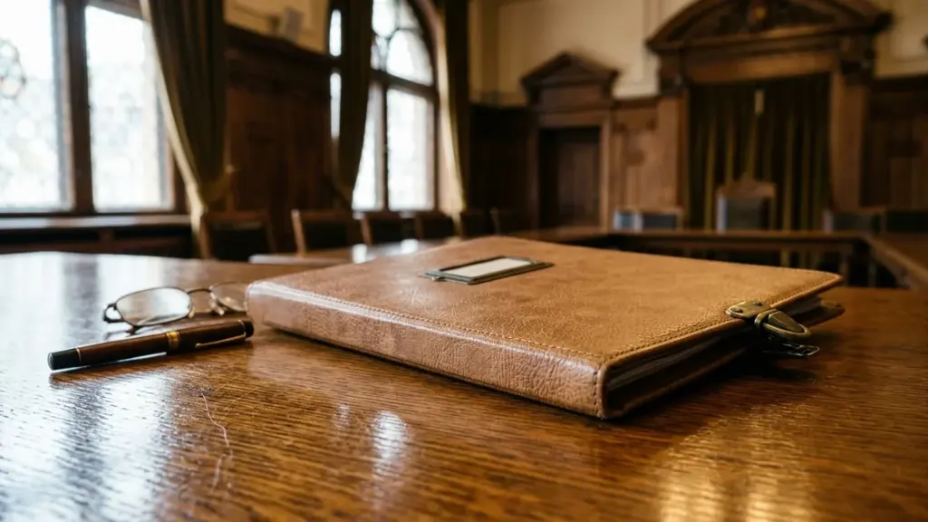 Un dossier en cuir marron, des lunettes et un stylo posés sur une table en bois.