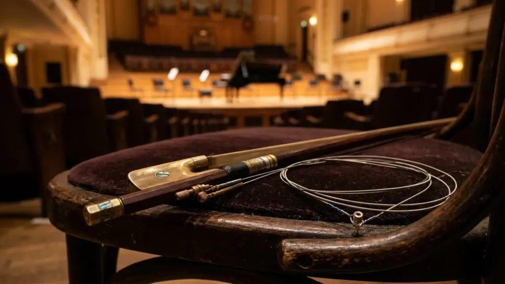Un archet de violon et des cordes posés sur une chaise dans une salle