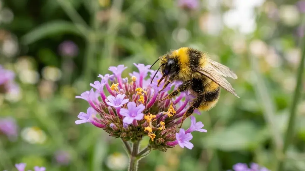 Un bourdon duveteux butine une fleur violette entourée d'un feuillage vert flou en arrière-plan.