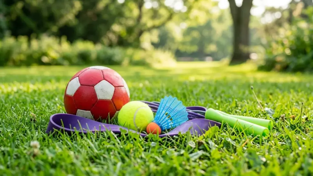 Un ballon de football, une balle de tennis et un volant sur l'herbe verte.