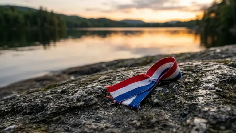 Un ruban aux couleurs bleu, blanc et rouge posé sur un rocher humide près d'un lac.