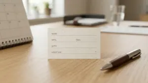 Une fiche d'information vierge posée sur un bureau en bois près d'un stylo élégant.