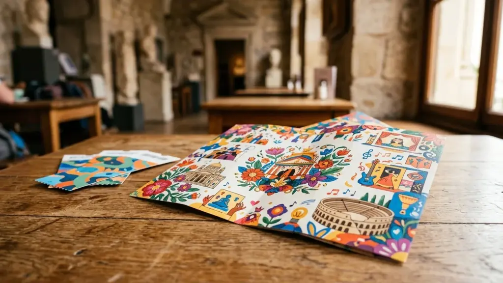 Une brochure illustrée et colorée posée sur une table en bois dans un musée.