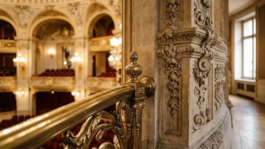 Vue rapprochée d'une rambarde en laiton doré ornant l'intérieur luxueux d'un opéra historique.