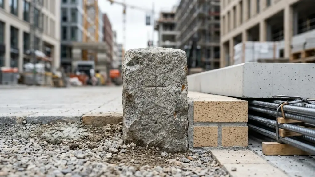 Une borne en pierre grise gravée d'une croix sur un chantier de construction urbain.