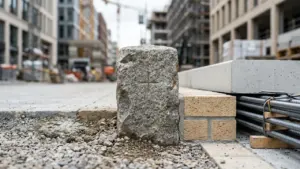 Une borne en pierre grise gravée d'une croix sur un chantier de construction urbain.