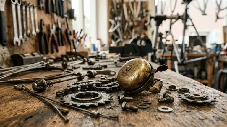 Vue rapprochée d'un atelier de réparation de vélos avec une sonnette en laiton posée.