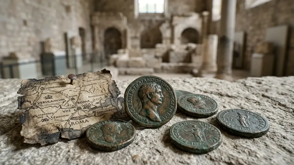 Une vieille carte antique et des pièces romaines en bronze posées sur une pierre.