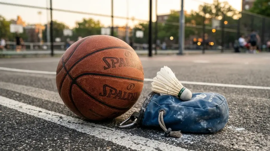 Un ballon de basket Spalding et un volant de badminton posés sur un terrain extérieur.
