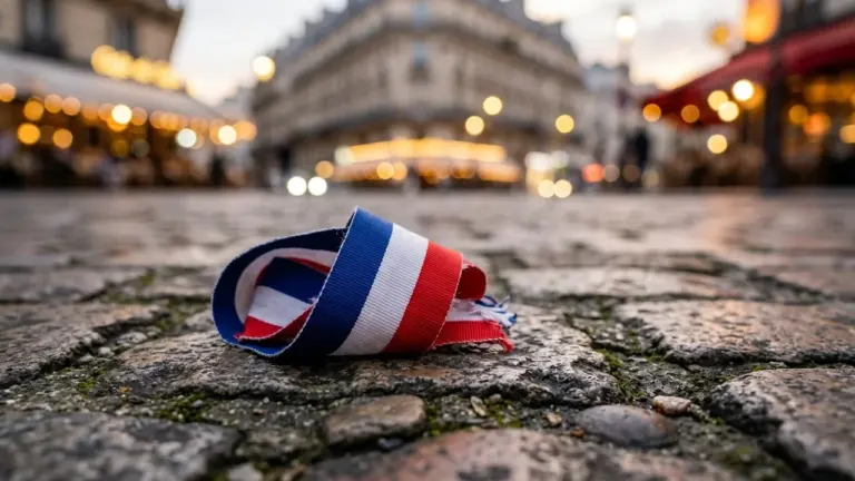 Un ruban tricolore français plié posé sur des pavés dans une rue de Paris.