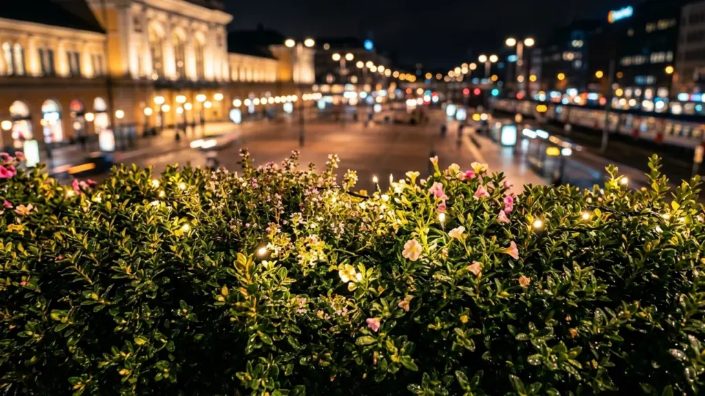 Gros plan sur des fleurs illuminées devant une place urbaine nocturne aux lumières floues.