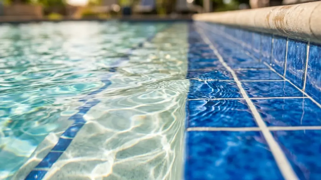 Vue rapprochée du bord d'une piscine avec des carreaux bleus et de l'eau claire.