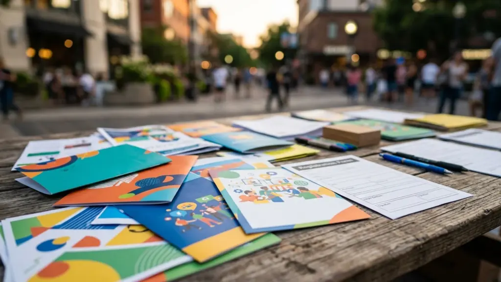 Des dépliants colorés et des formulaires d'inscription sur une table en bois en extérieur.