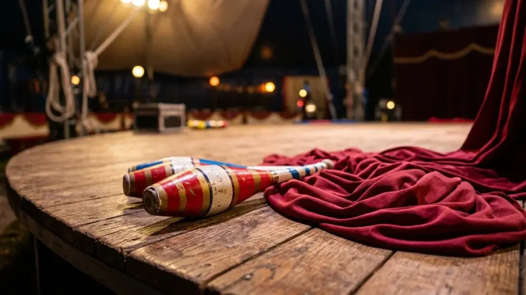 Des quilles de jonglage colorées posées sur une scène en bois dans un cirque.
