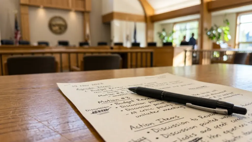 Un stylo noir posé sur un ordre du jour manuscrit dans une salle municipale.