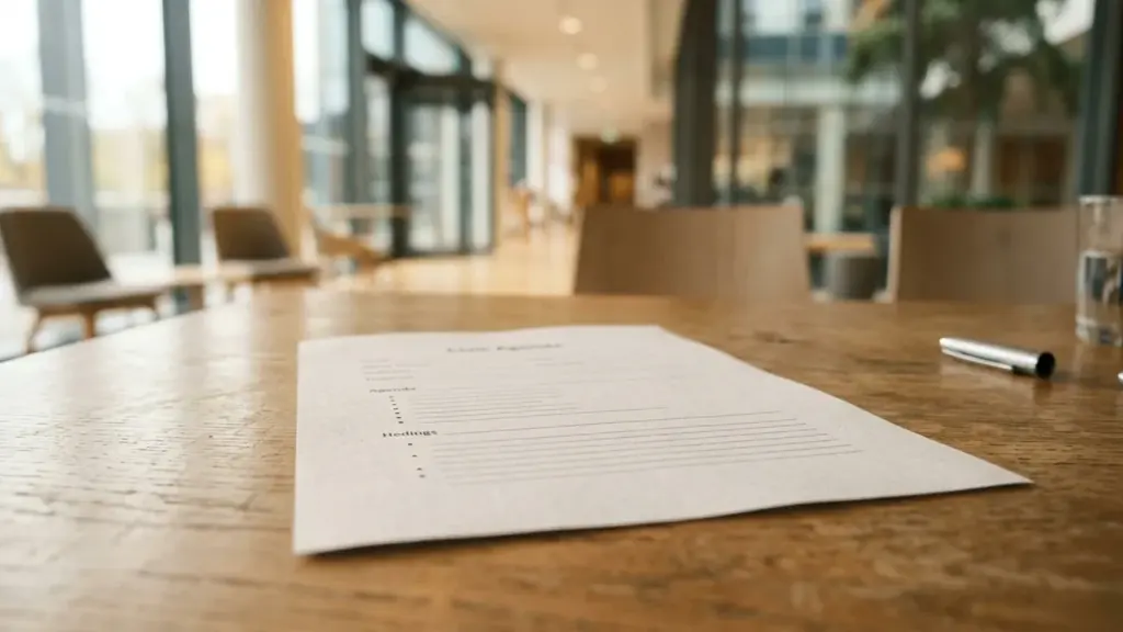Une feuille avec un ordre du jour posée sur une table en bois moderne.