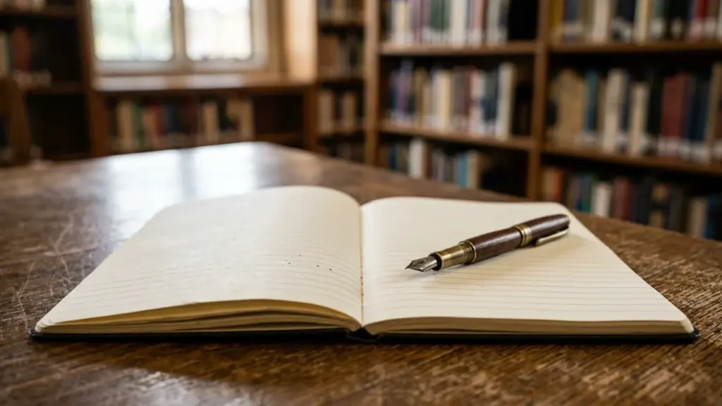 Un carnet ouvert avec un stylo plume posé sur une table en bois ancienne.