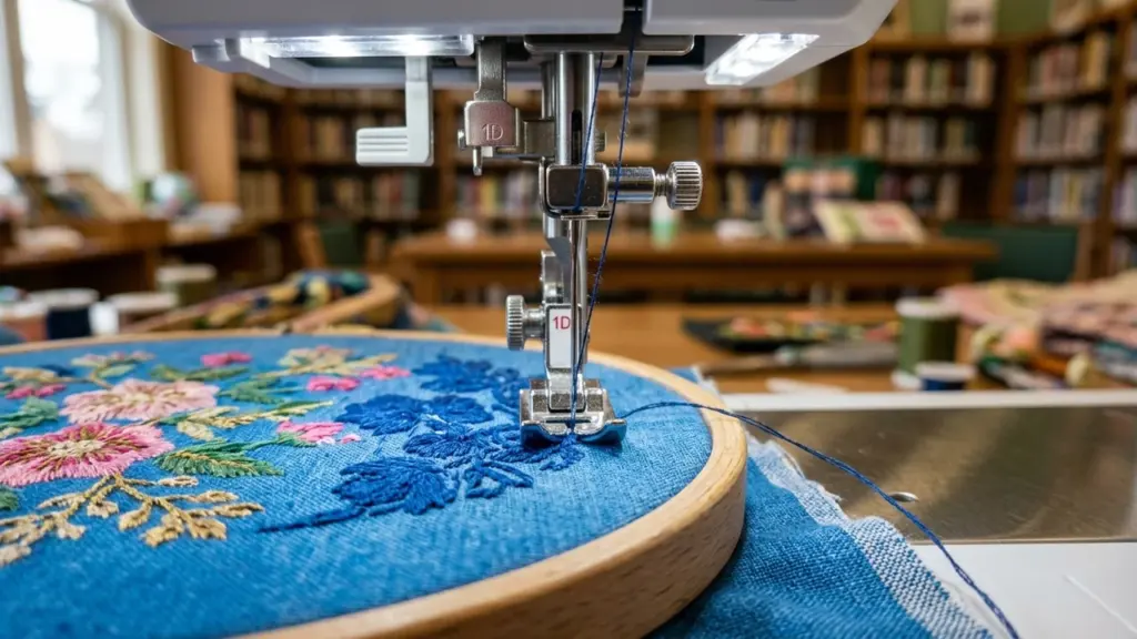 Gros plan sur une machine à coudre brodant un motif floral sur un tissu bleu.