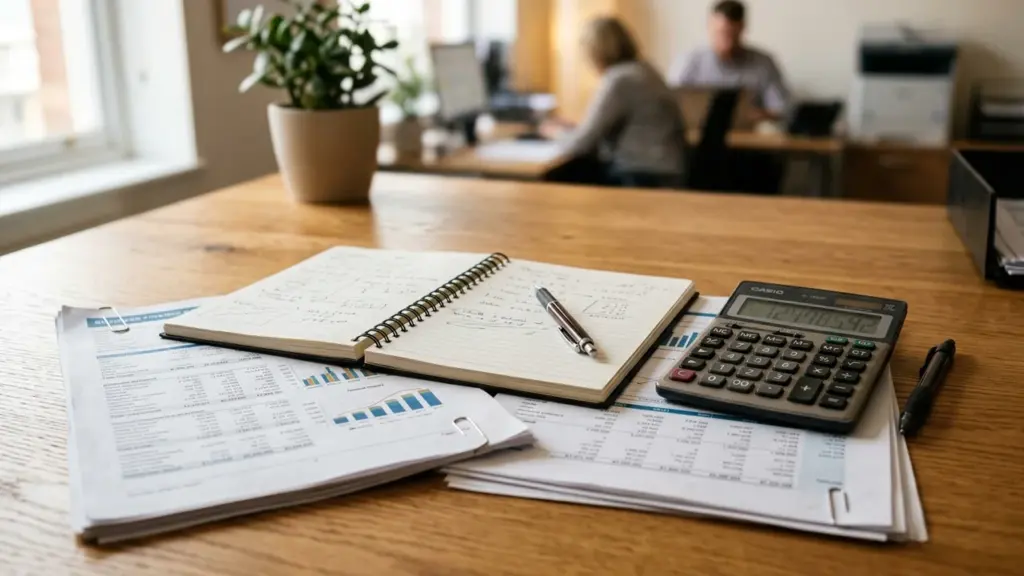 Bureau en bois avec des documents financiers, une calculatrice, un carnet et une plante.