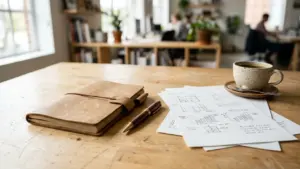 Carnet en cuir, stylo et documents avec graphiques sur une table en bois clair.