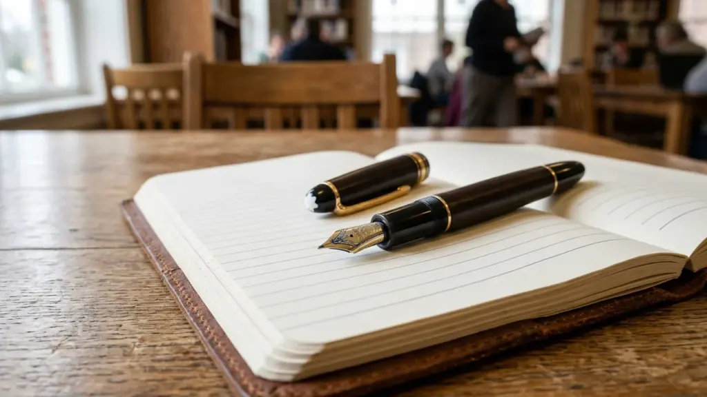 Un stylo plume ouvert posé sur un carnet ligné dans une bibliothèque universitaire floue.