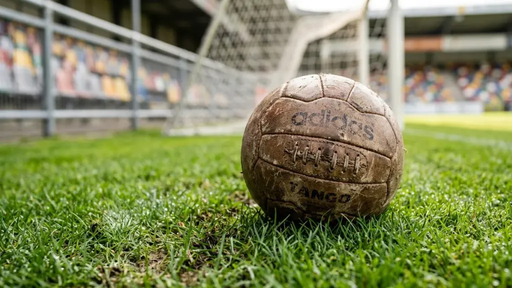 Un vieux ballon de football en cuir usé posé sur l'herbe devant un filet.