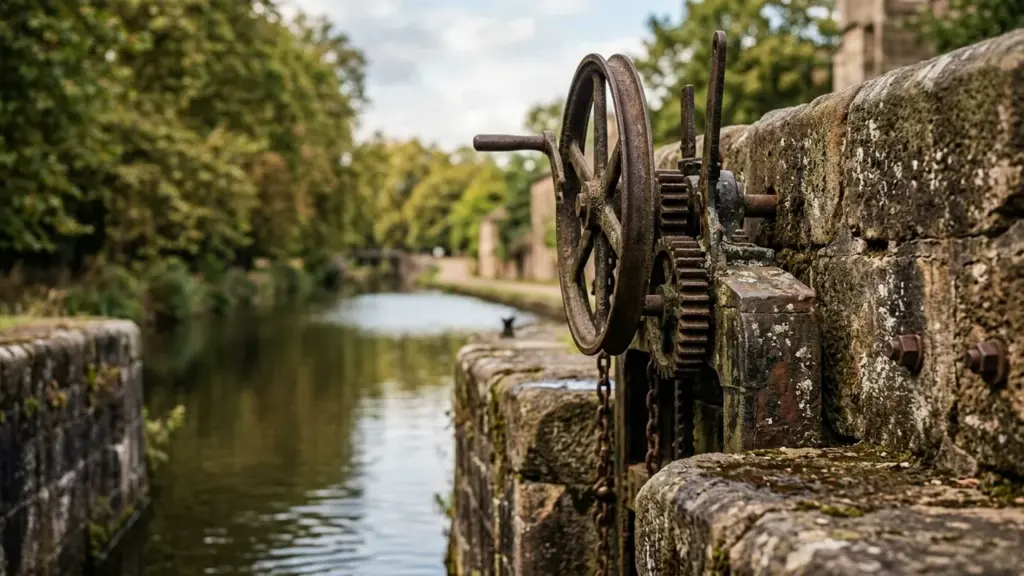 Un mécanisme de roue dentée rouillée sur un vieux mur de canal en pierre.