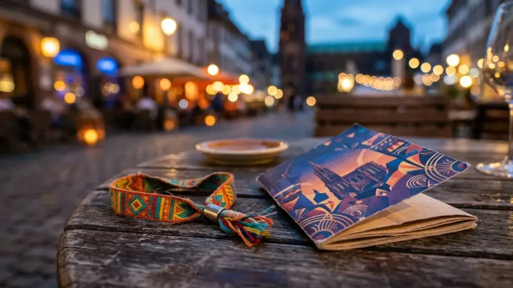 Un bracelet coloré et un petit carnet illustré posés sur une table en bois.