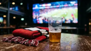 Un gobelet de bière et une écharpe rayée posés sur une table de bar sombre.