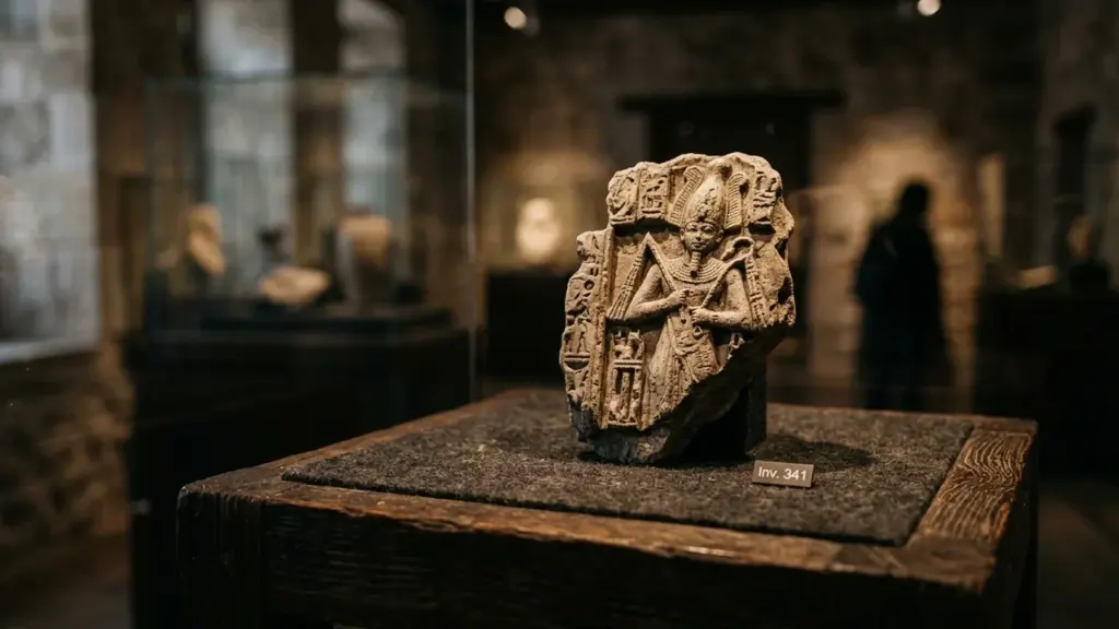 Un fragment de sculpture égyptienne antique représentant un pharaon sur un socle en bois.