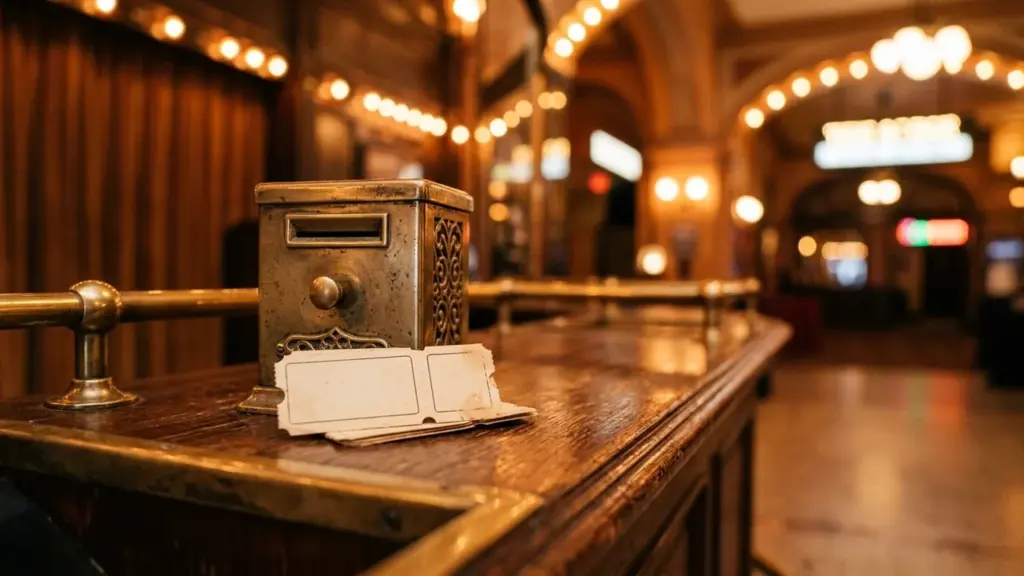 Une ancienne boîte à billets en métal posée sur un comptoir en bois verni.