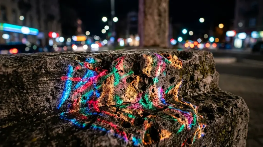 Reflets lumineux colorés projetés sur une pierre volcanique rugueuse dans une rue urbaine nocturne.