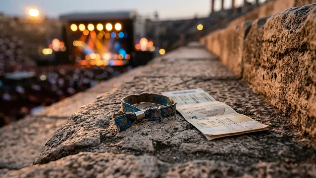 Un bracelet de festival et des billets posés sur une marche en pierre ancienne.