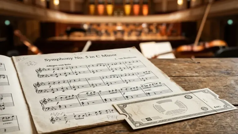 Partition de la cinquième symphonie de Beethoven posée sur une table devant un orchestre flou.