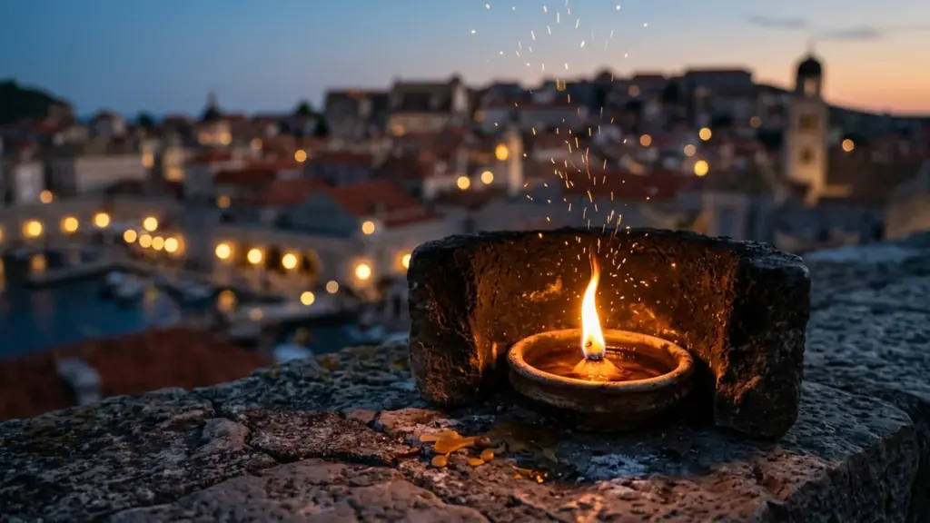 Une flamme vacillante dans une coupelle en pierre sur fond de ville historique illuminée.