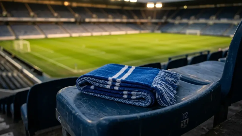Une écharpe bleue et blanche pliée sur un siège de stade de football vide.