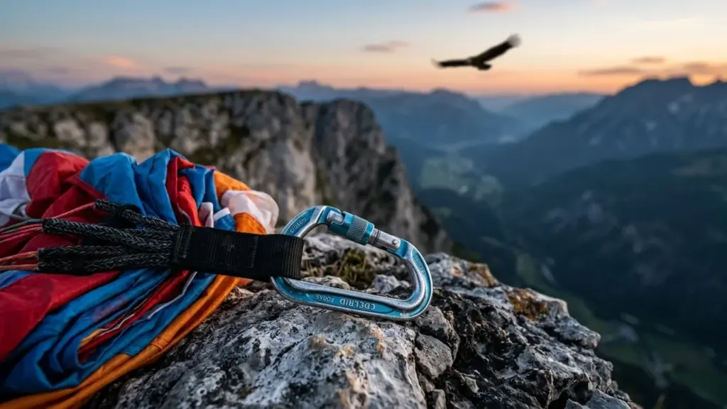 Un mousqueton bleu accroché à un équipement de parapente sur un sommet rocheux montagneux.