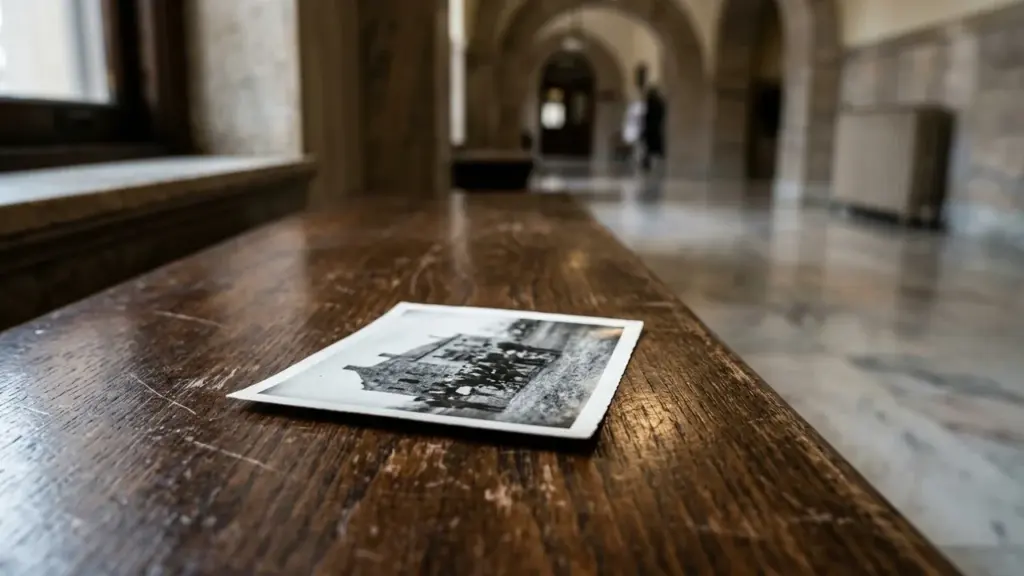 Une vieille photographie noir et blanc posée sur un banc en bois dans un couloir.