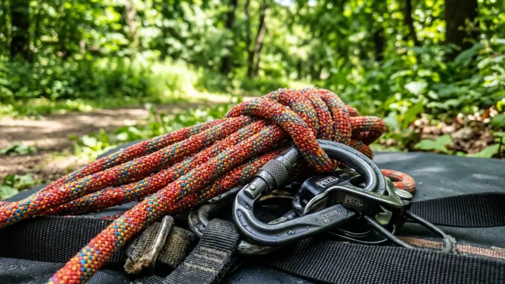 Une corde d'escalade multicolore enroulée avec des mousquetons métalliques posée sur un sac noir.