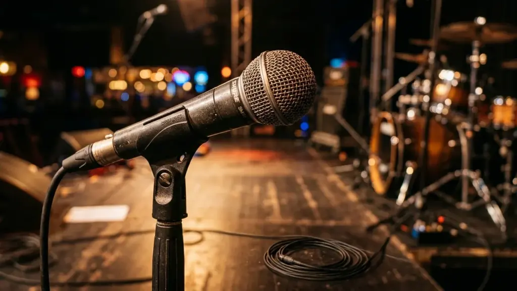 Un microphone professionnel sur pied au centre d'une scène de concert sombre et floue.