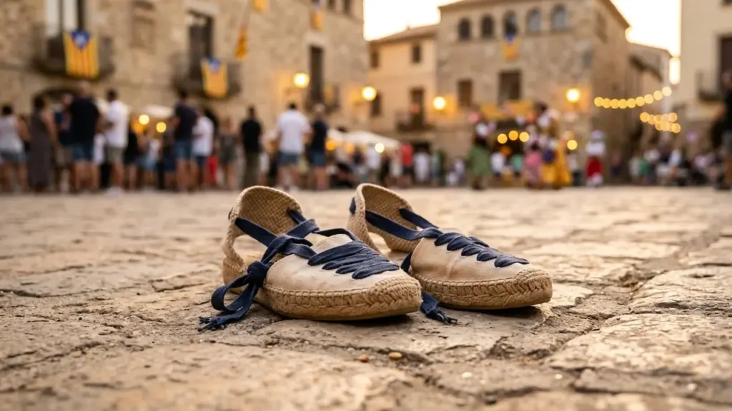 Une paire d'espadrilles traditionnelles avec des lacets bleus posées sur des pavés anciens.